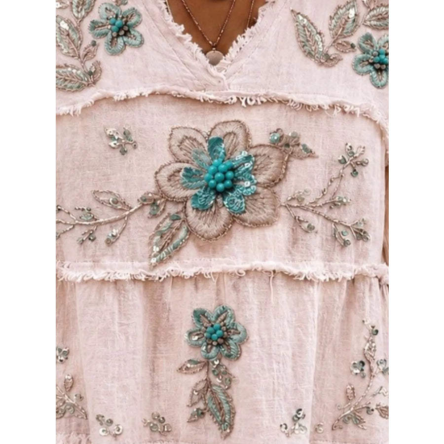 Full Size Floral Raw Hem V-Neck Blouse Plus Apparel and Accessories
