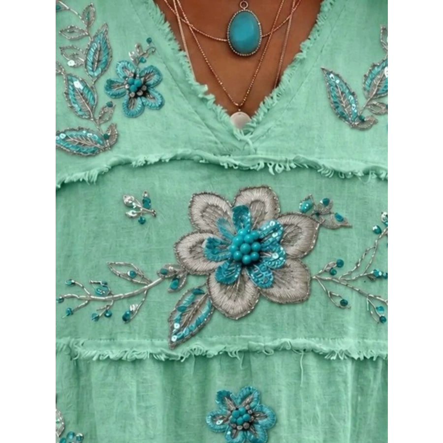 Full Size Floral Raw Hem V-Neck Blouse Plus Apparel and Accessories