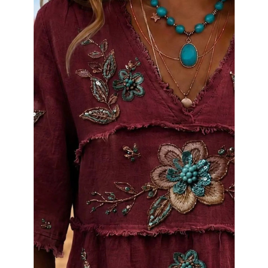 Full Size Floral Raw Hem V-Neck Blouse Plus Apparel and Accessories