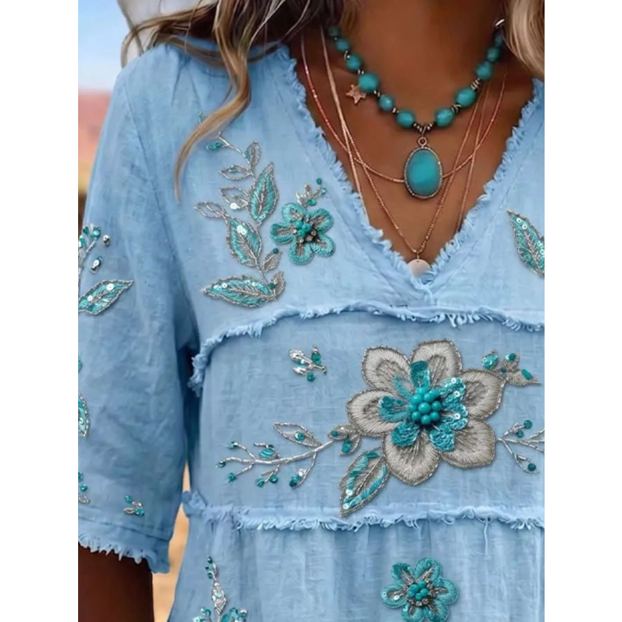 Full Size Floral Raw Hem V-Neck Blouse Plus Apparel and Accessories