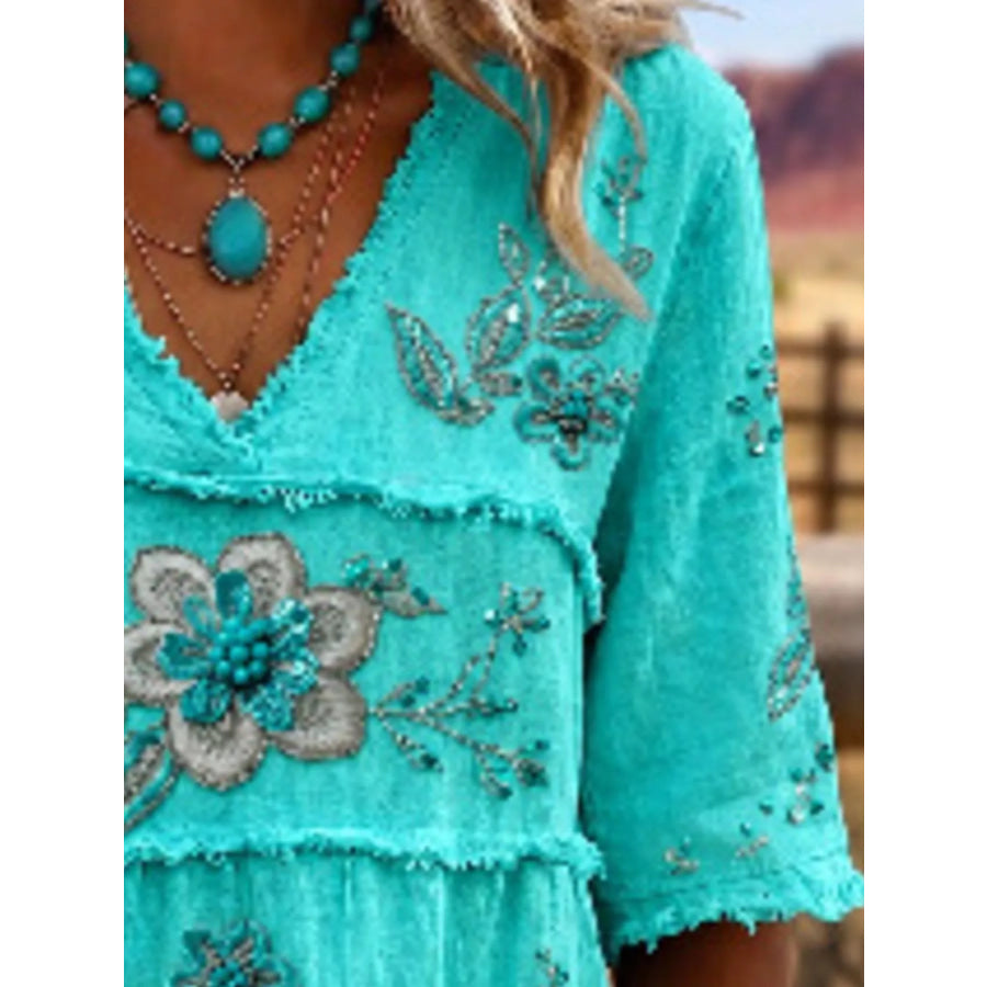 Full Size Floral Raw Hem V-Neck Blouse Plus Apparel and Accessories