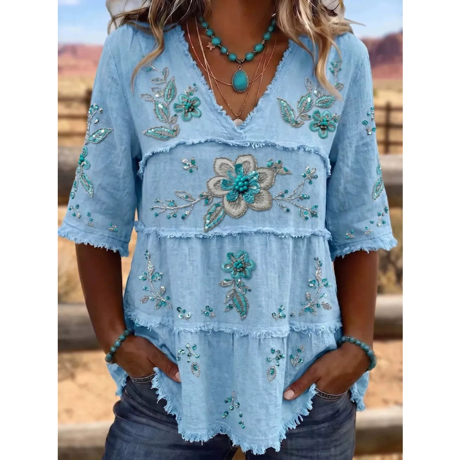 Full Size Floral Raw Hem V-Neck Blouse Plus Blue / S Apparel and Accessories