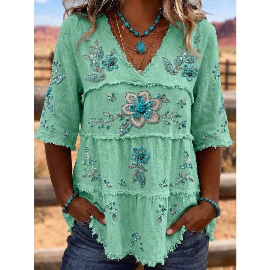 Full Size Floral Raw Hem V-Neck Blouse Plus Neon Green / S Apparel and Accessories
