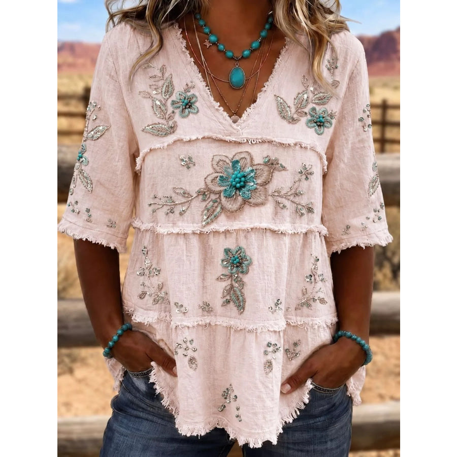 Full Size Floral Raw Hem V-Neck Blouse Plus Pink / S Apparel and Accessories