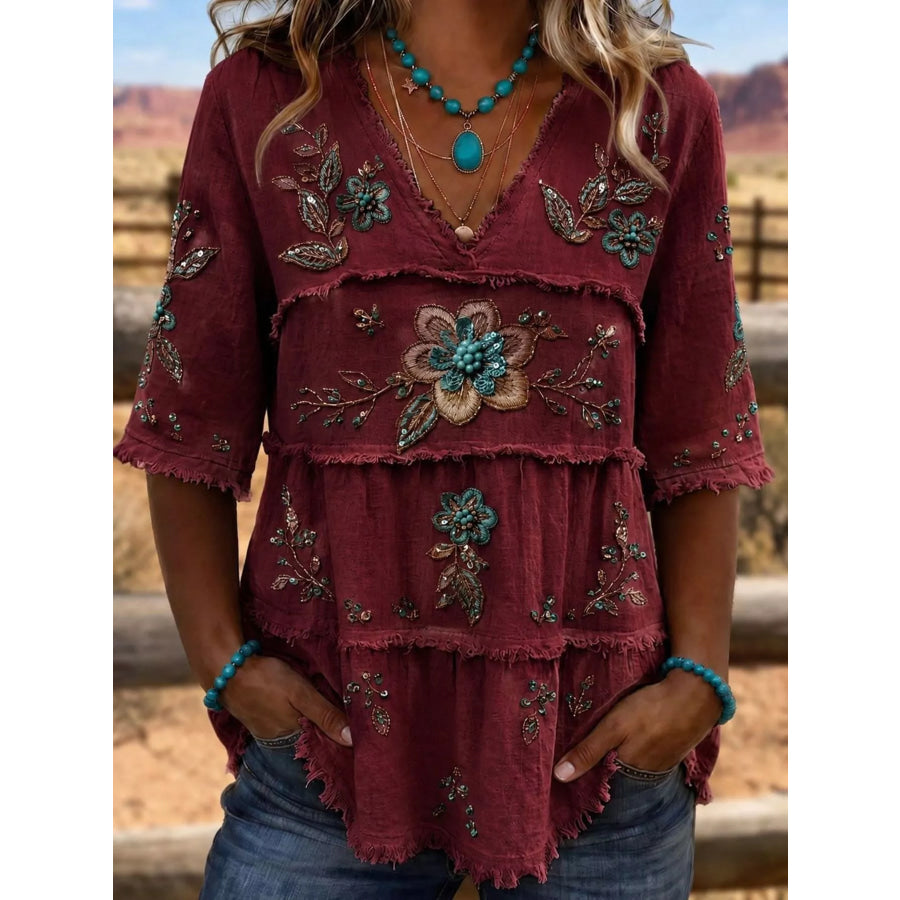 Full Size Floral Raw Hem V-Neck Blouse Plus Red / S Apparel and Accessories