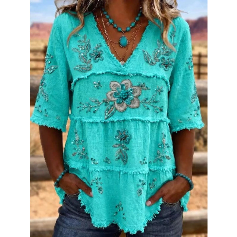 Full Size Floral Raw Hem V-Neck Blouse Plus Turquoise / S Apparel and Accessories