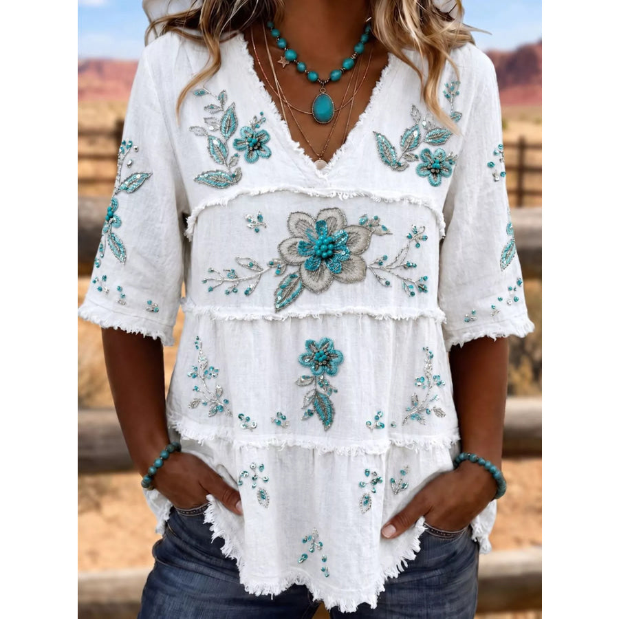 Full Size Floral Raw Hem V-Neck Blouse Plus White / S Apparel and Accessories