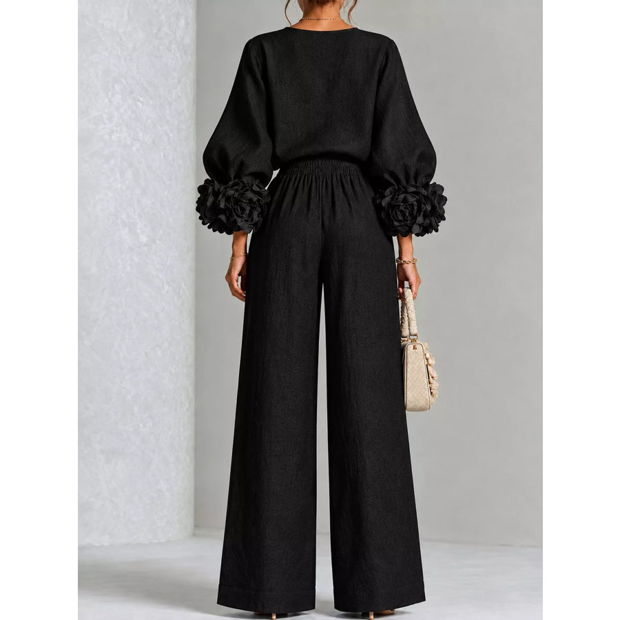 Full Size Floral Sleeve Embellishments Top and Pants Set Plus Apparel Accessories