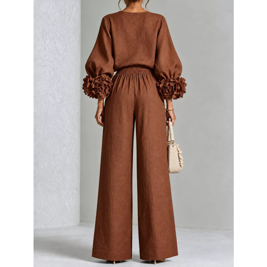 Full Size Floral Sleeve Embellishments Top and Pants Set Plus Apparel Accessories
