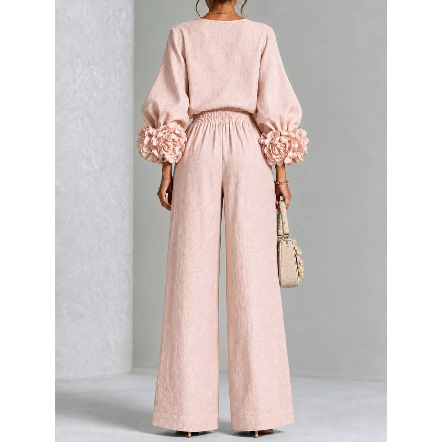 Full Size Floral Sleeve Embellishments Top and Pants Set Plus Apparel Accessories