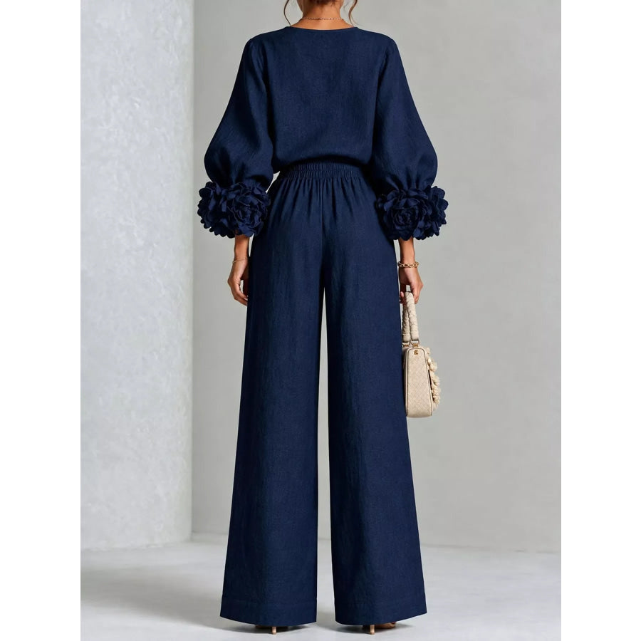 Full Size Floral Sleeve Embellishments Top and Pants Set Plus Apparel Accessories
