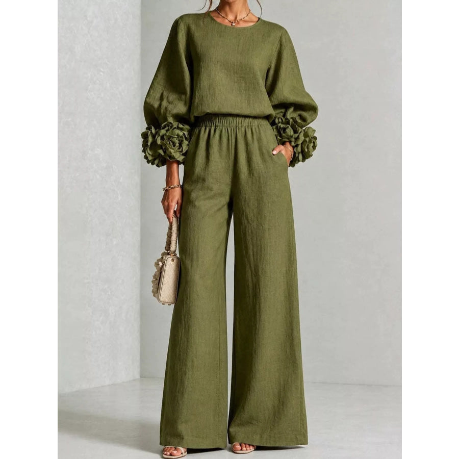 Full Size Floral Sleeve Embellishments Top and Pants Set Plus Army Green / S Apparel Accessories