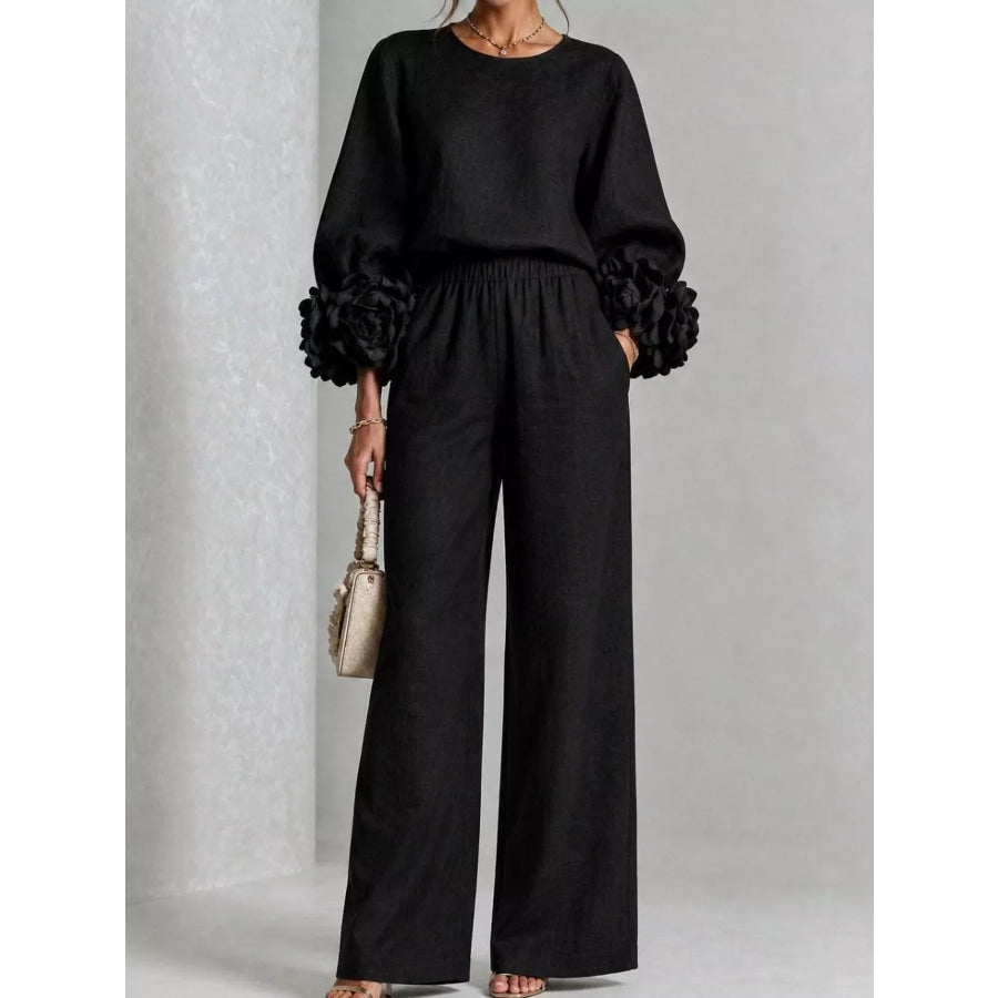 Full Size Floral Sleeve Embellishments Top and Pants Set Plus Black / S Apparel Accessories