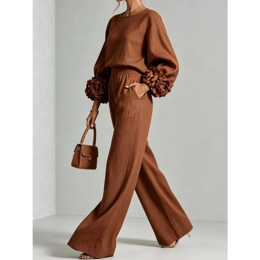 Full Size Floral Sleeve Embellishments Top and Pants Set Plus Dark Brown / S Apparel Accessories