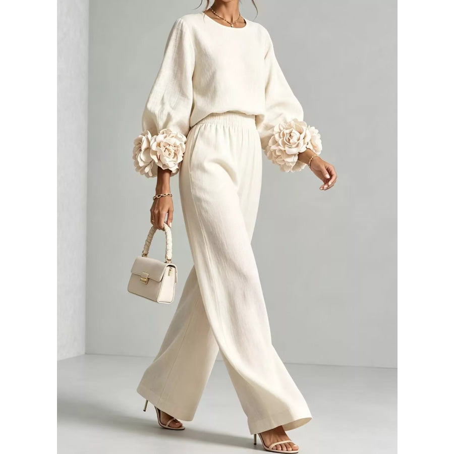 Full Size Floral Sleeve Embellishments Top and Pants Set Plus Ivory / S Apparel Accessories