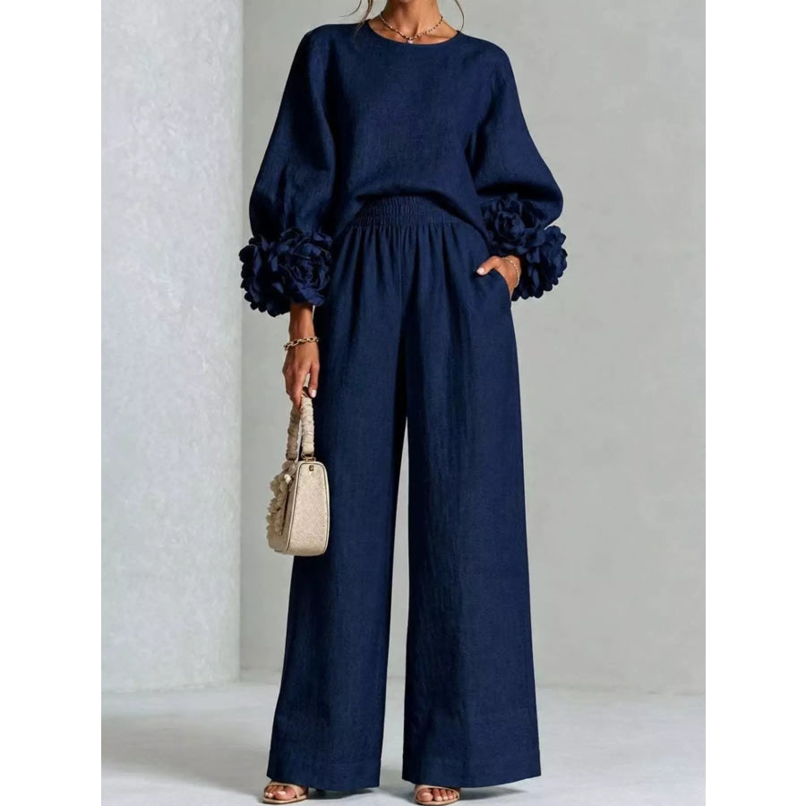 Full Size Floral Sleeve Embellishments Top and Pants Set Plus Navy / S Apparel Accessories