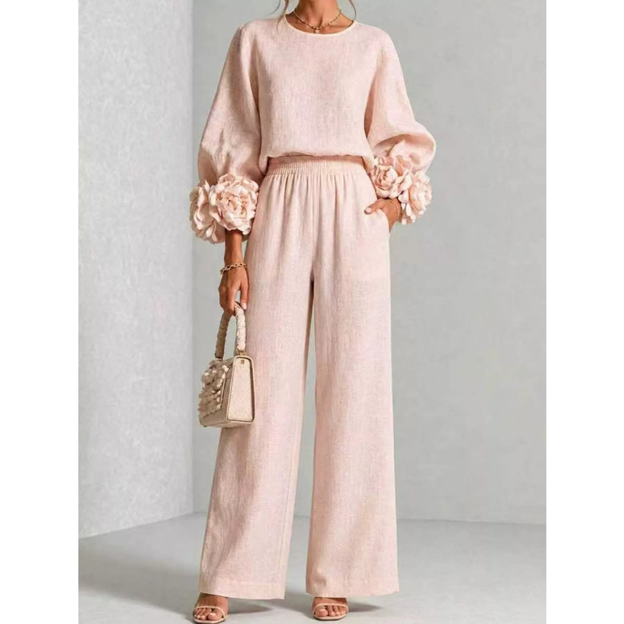 Full Size Floral Sleeve Embellishments Top and Pants Set Plus Pink / S Apparel Accessories