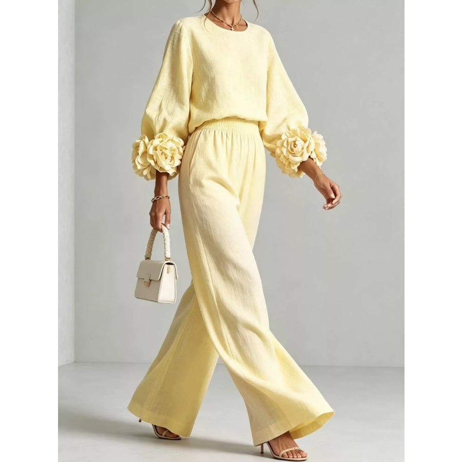 Full Size Floral Sleeve Embellishments Top and Pants Set Plus Yellow / S Apparel Accessories