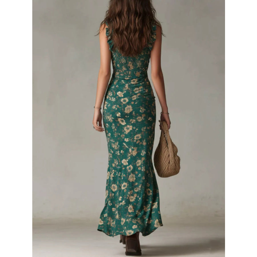 Full Size Floral Smocked Ruffle High-Low Maxi Dress Plus Size Apparel and Accessories