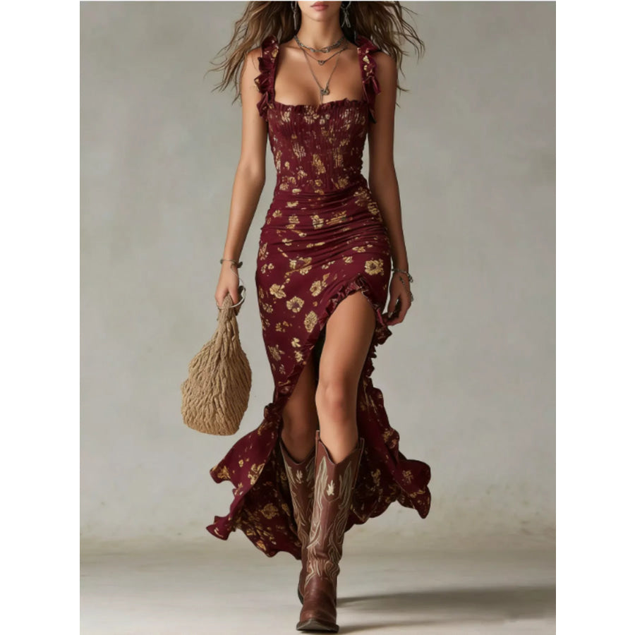 Full Size Floral Smocked Ruffle High-Low Maxi Dress Plus Size Burgundy / S Apparel and Accessories