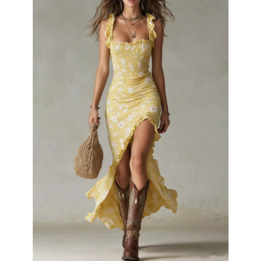 Full Size Floral Smocked Ruffle High-Low Maxi Dress Plus Size Lemon Yellow / S Apparel and Accessories
