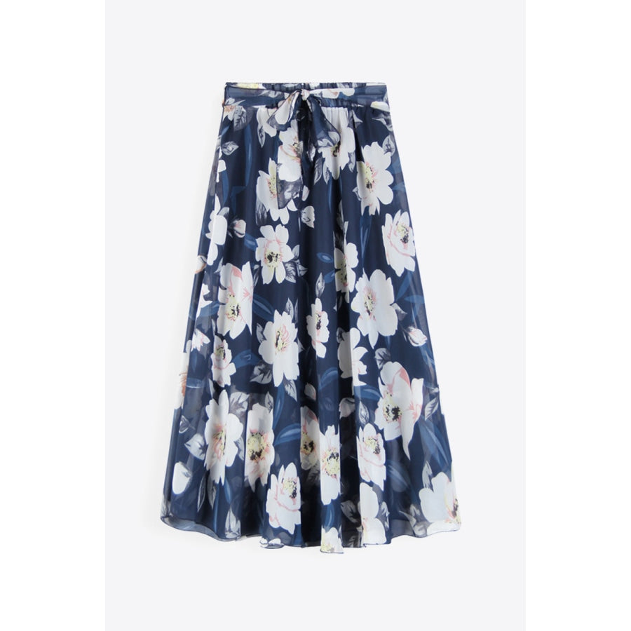 Full Size Floral Tie-Waist Skirt Peacock Blue / S