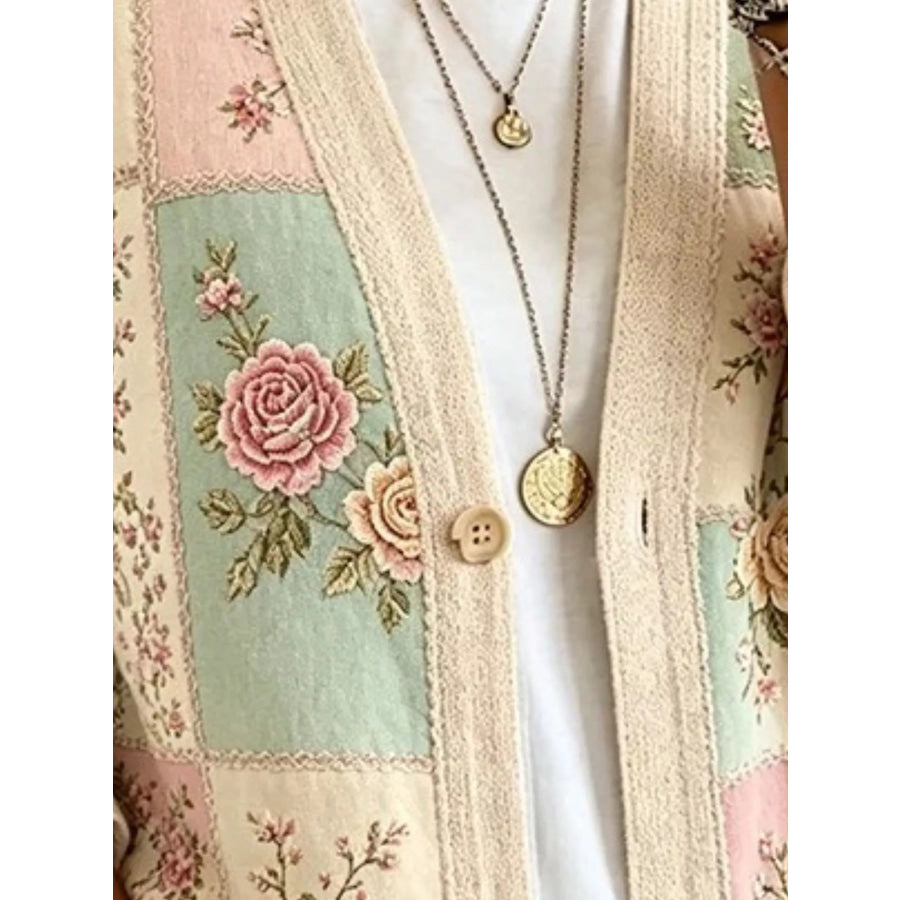 Full Size Floral V-Neck Button-Down Cardigan Plus Apparel and Accessories