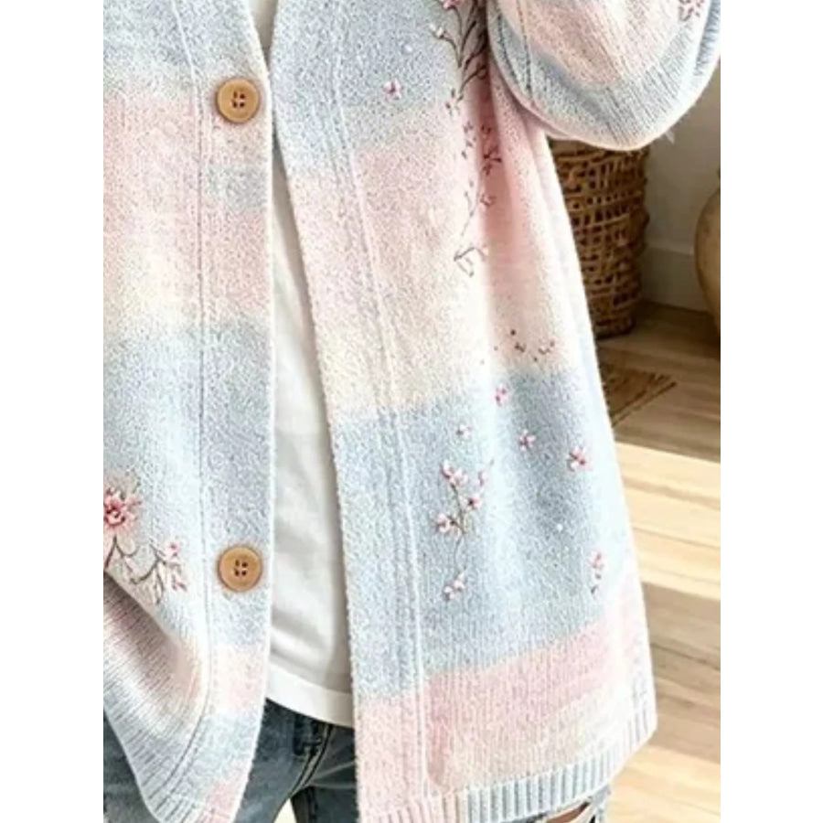 Full Size Floral V-Neck Button-Down Cardigan Plus Apparel and Accessories