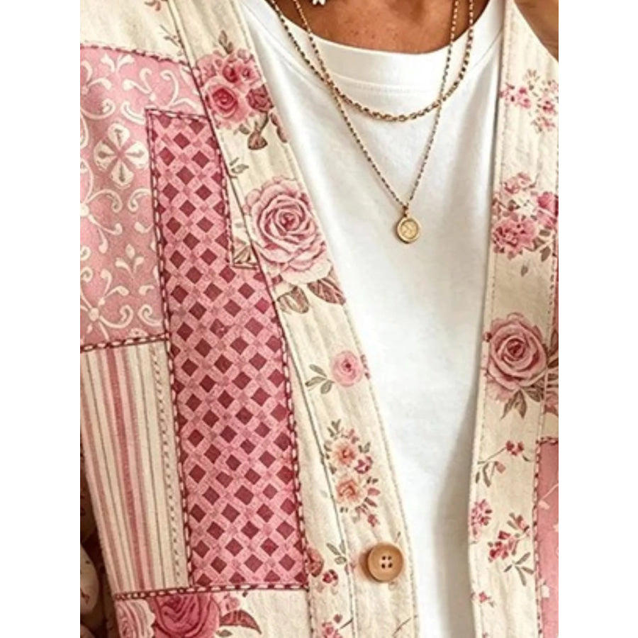 Full Size Floral V-Neck Button-Down Cardigan Plus Apparel and Accessories