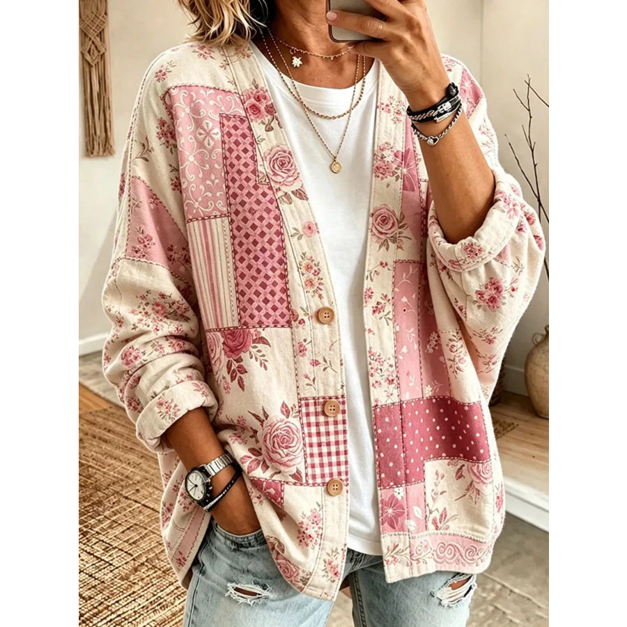 Full Size Floral V-Neck Button-Down Cardigan Plus Dusty Pink / S Apparel and Accessories