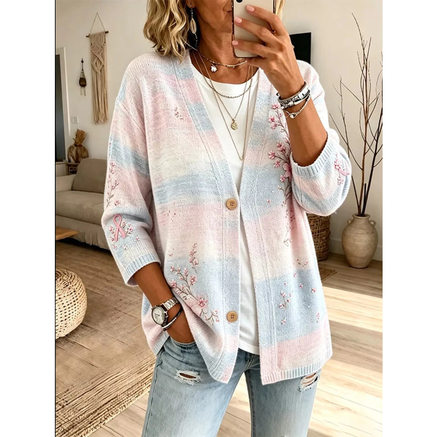 Full Size Floral V-Neck Button-Down Cardigan Plus Light Blue / S Apparel and Accessories