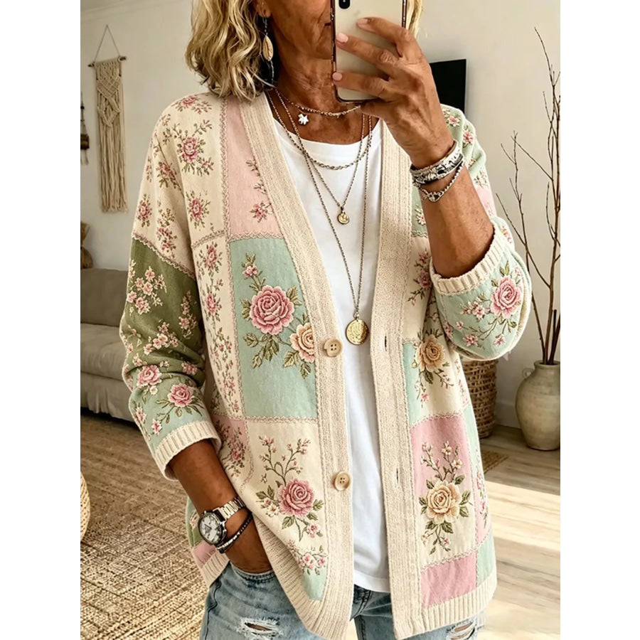 Full Size Floral V-Neck Button-Down Cardigan Plus Light Green / S Apparel and Accessories