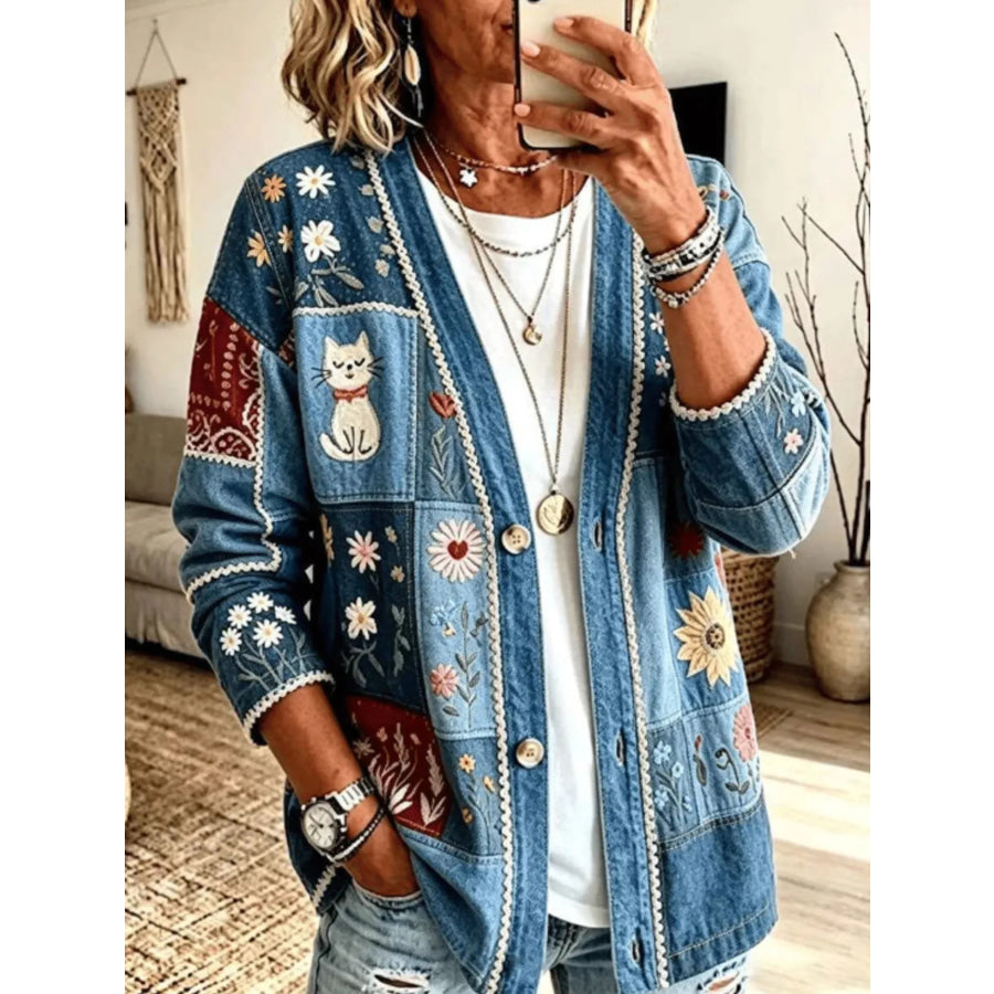 Full Size Floral V-Neck Button-Down Cardigan Plus Peacock Blue / S Apparel and Accessories