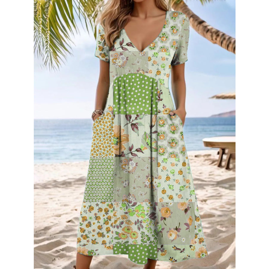 Full Size Floral V-Neck Casual Midi Dress Plus Size Light Green / S Apparel and Accessories