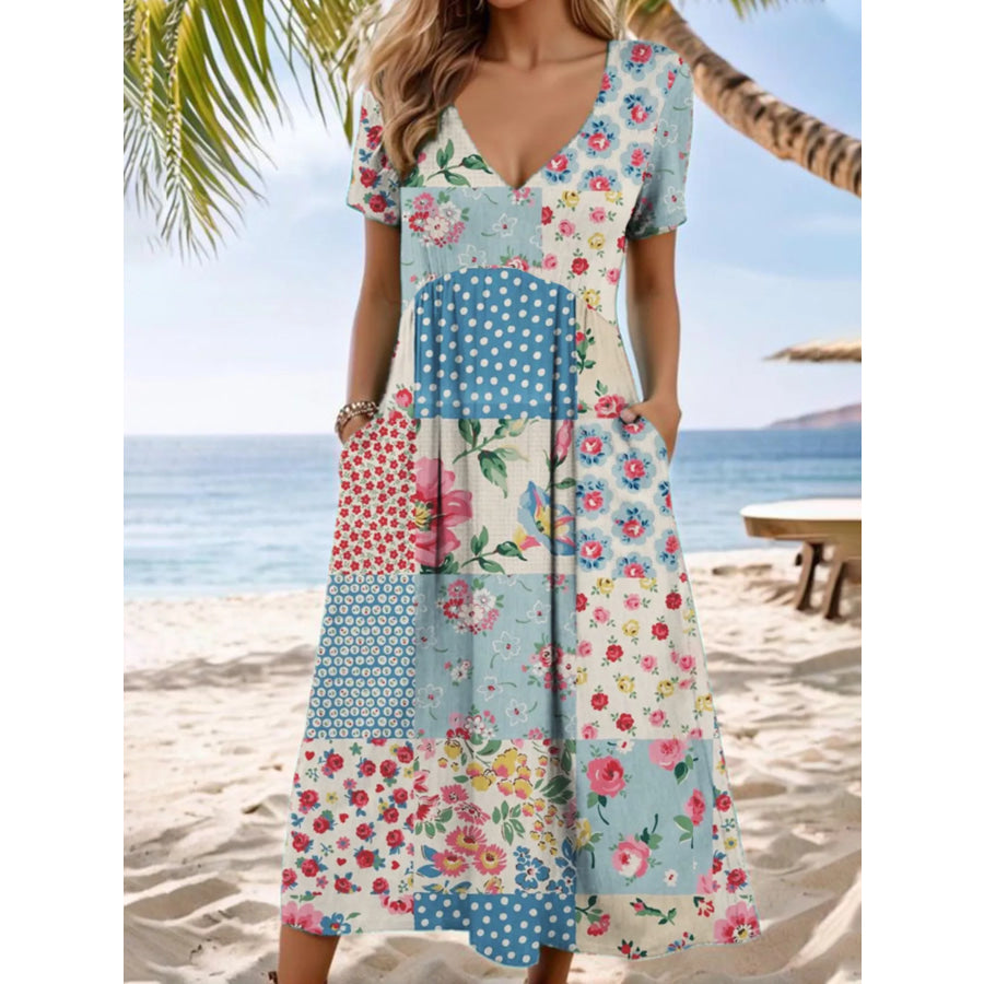 Full Size Floral V-Neck Casual Midi Dress Plus Size Pink / S Apparel and Accessories