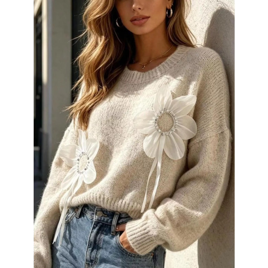 Full Size Flower Dropped Shoulder Sweater Plus Size Apparel and Accessories