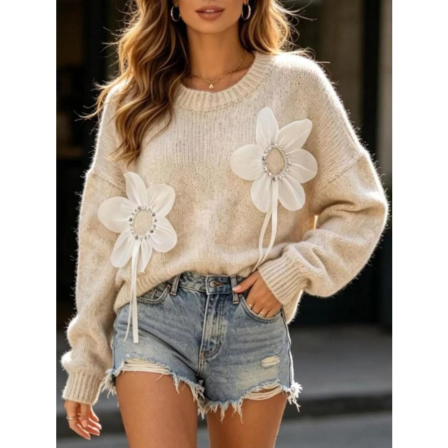 Full Size Flower Dropped Shoulder Sweater Plus Size Cream / S Apparel and Accessories