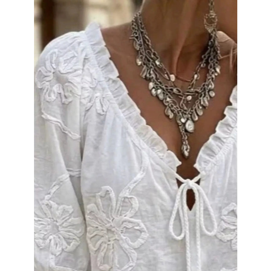 Full Size Flower Tie Front 3/4 Sleeve Blouse Plus Size Apparel and Accessories