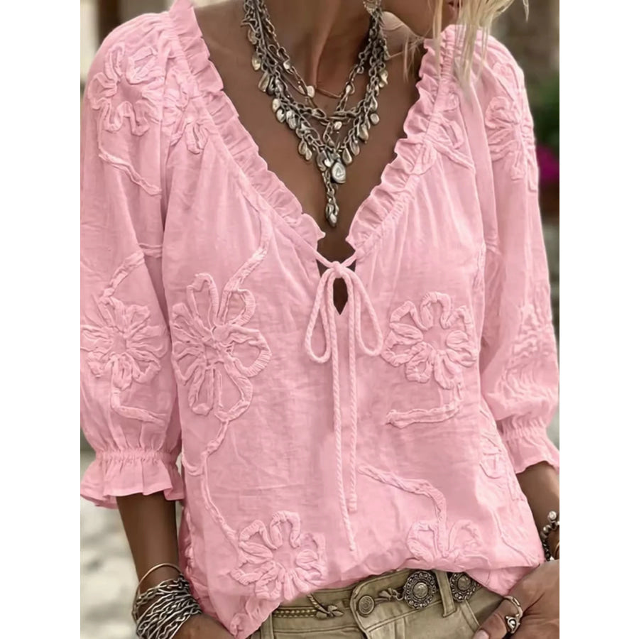 Full Size Flower Tie Front 3/4 Sleeve Blouse Plus Size Pink / S Apparel and Accessories
