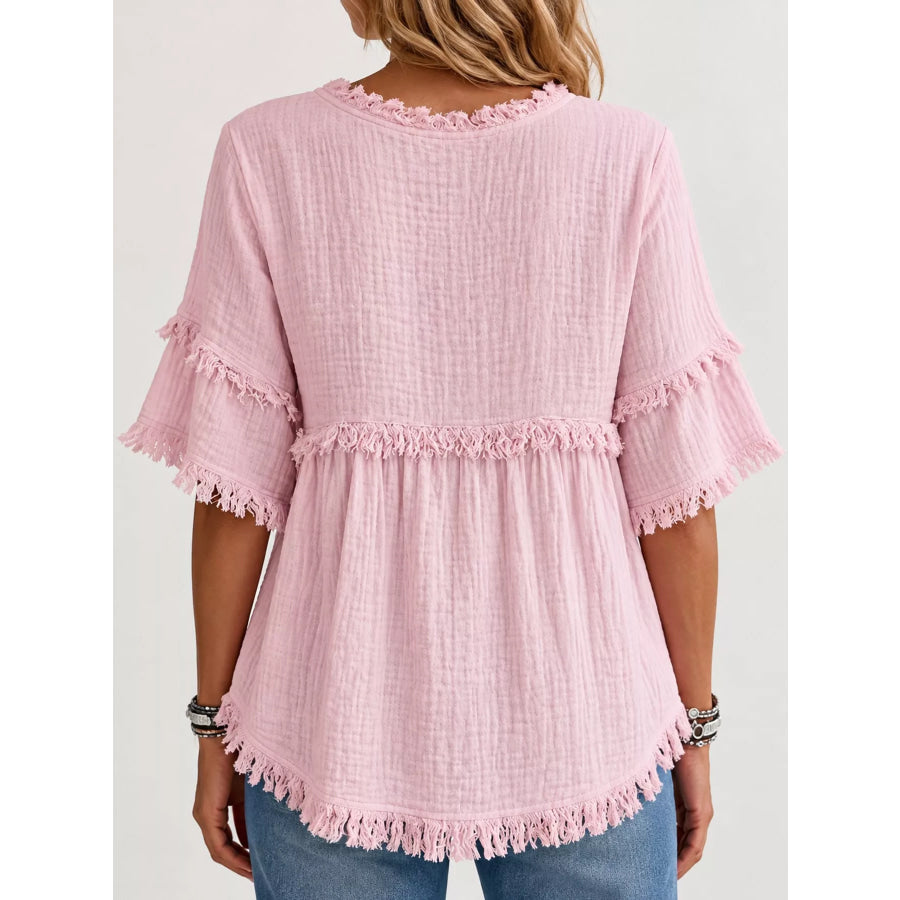 Full Size Frayed Edge Textured Blouse Plus Apparel and Accessories