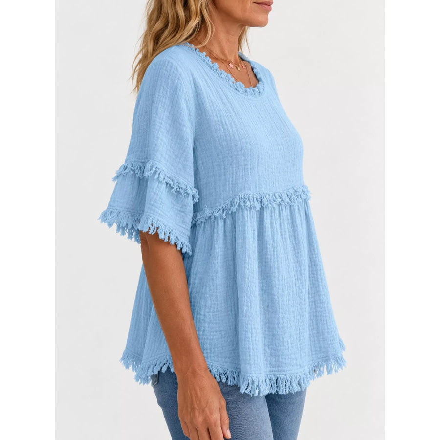 Full Size Frayed Edge Textured Blouse Plus Apparel and Accessories