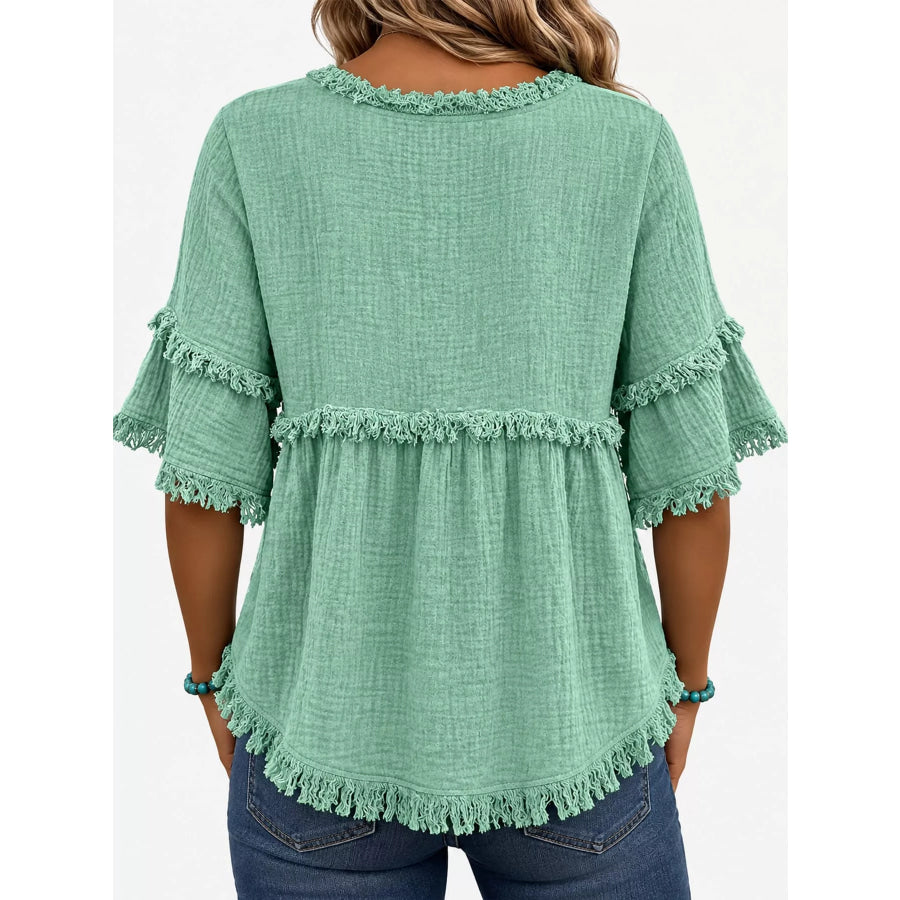 Full Size Frayed Edge Textured Blouse Plus Apparel and Accessories