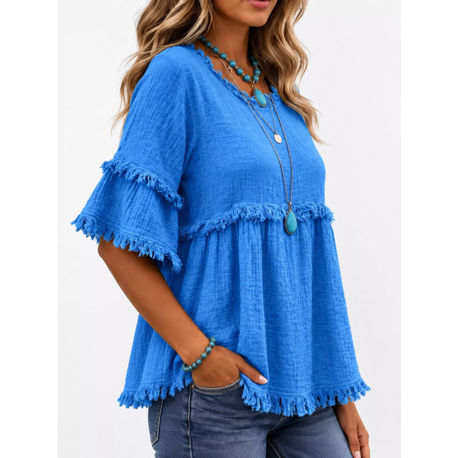 Full Size Frayed Edge Textured Blouse Plus Apparel and Accessories