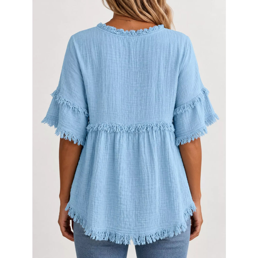 Full Size Frayed Edge Textured Blouse Plus Apparel and Accessories