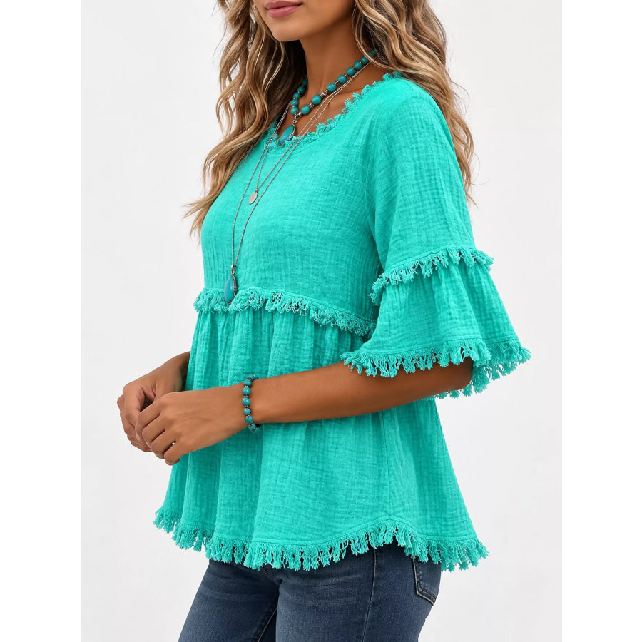 Full Size Frayed Edge Textured Blouse Plus Apparel and Accessories