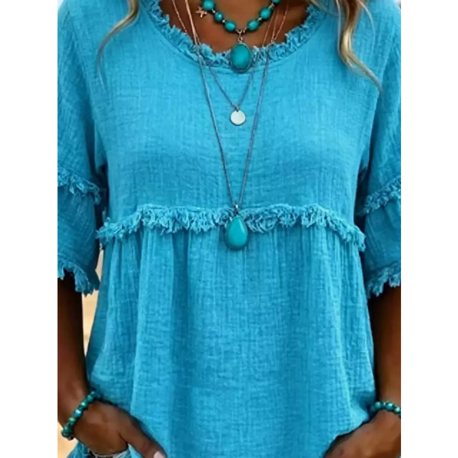 Full Size Frayed Edge Textured Blouse Plus Apparel and Accessories