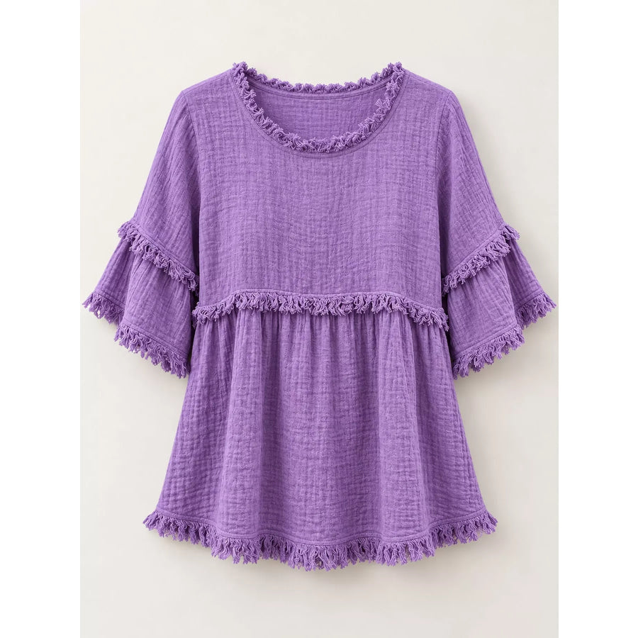 Full Size Frayed Edge Textured Blouse Plus Apparel and Accessories