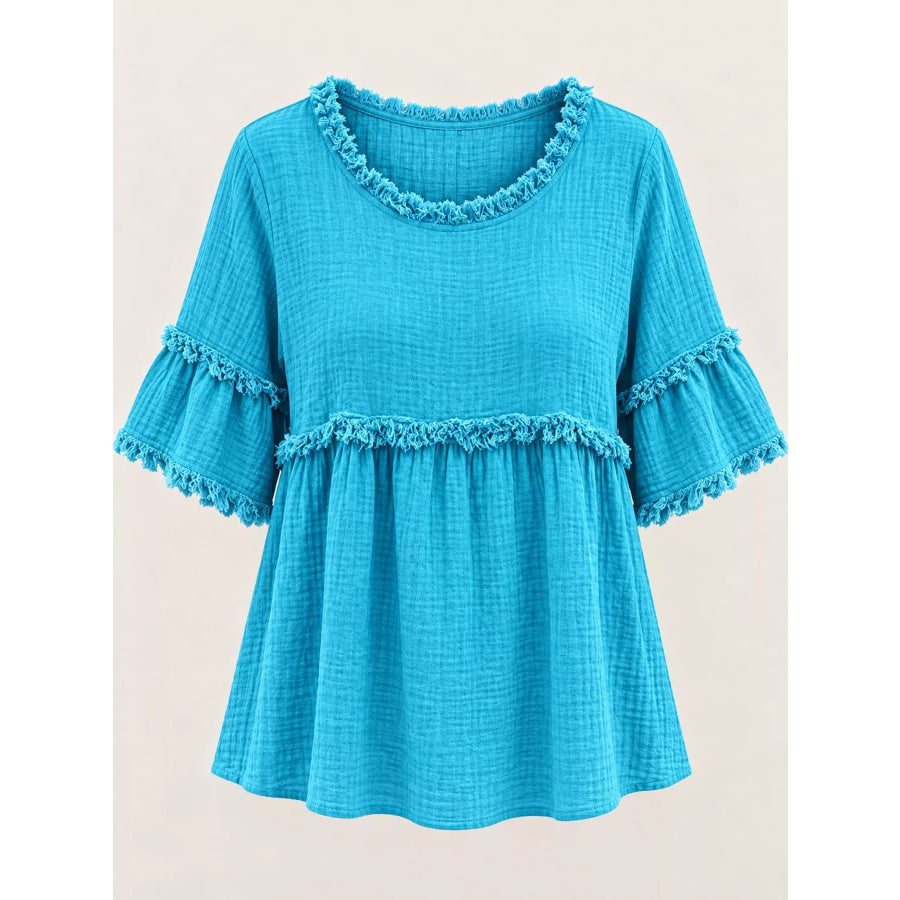 Full Size Frayed Edge Textured Blouse Plus Apparel and Accessories