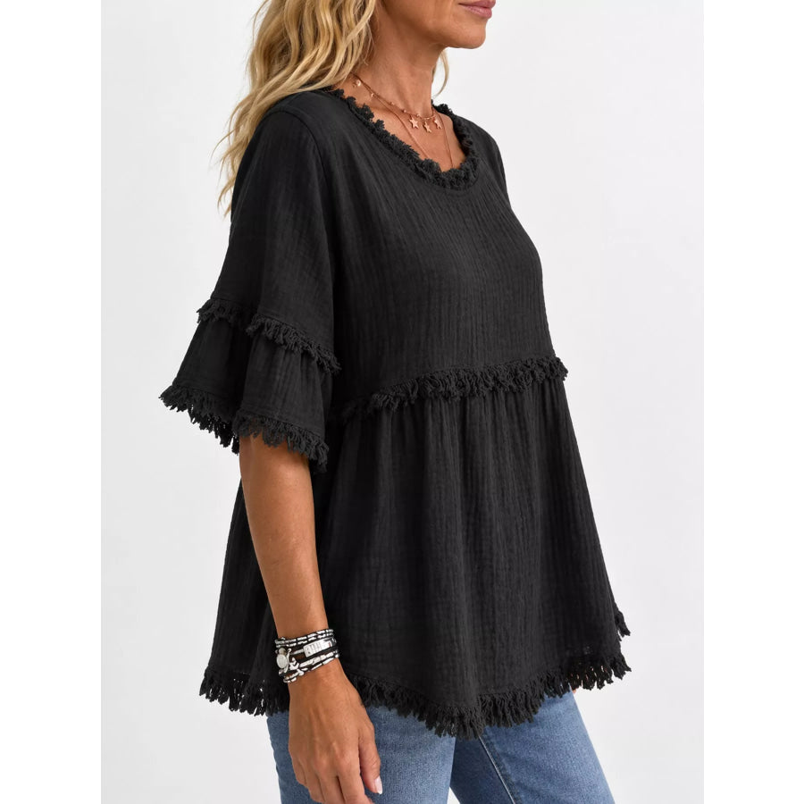 Full Size Frayed Edge Textured Blouse Plus Apparel and Accessories