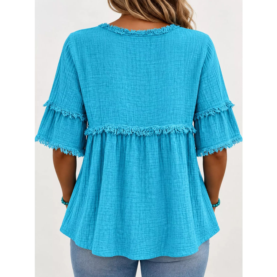 Full Size Frayed Edge Textured Blouse Plus Apparel and Accessories